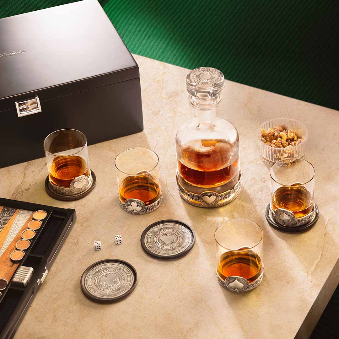 Ace Whisky Gift Set consisting of the Ace Whisky Decanter, four Ace Whisky Tumblers and four Ace Coasters
