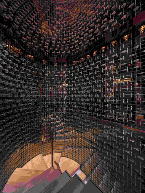 In the Wulu infinity stair hall, over 2,000 half-Wulu textured glass pieces set against tinted bronze mirror panels create an endless field of reflections, transforming the stair into an immersive passage between the retail floor and the private spaces above.